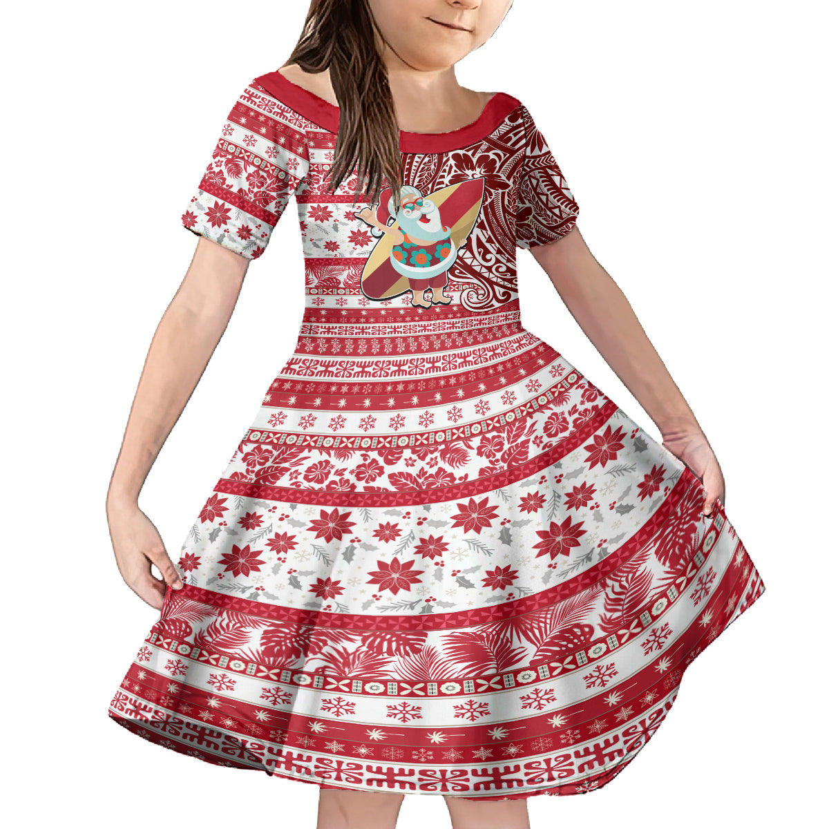Hawaii Mele Kalikimaka Family Matching Long Sleeve Bodycon Dress and Hawaiian Shirt Santa Claus Surfing with Hawaiian Pattern Striped Red Style LT03 Daughter's Dress Red - Polynesian Pride