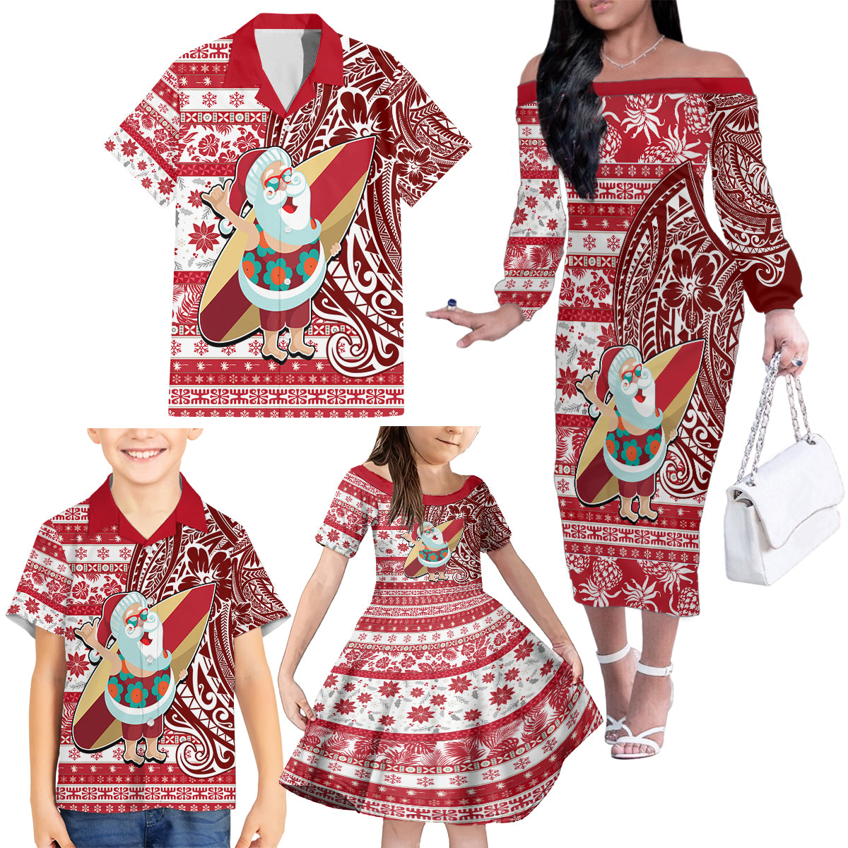 Hawaii Mele Kalikimaka Family Matching Off Shoulder Long Sleeve Dress and Hawaiian Shirt Santa Claus Surfing with Hawaiian Pattern Striped Red Style LT03 - Polynesian Pride