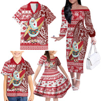 Hawaii Mele Kalikimaka Family Matching Off Shoulder Long Sleeve Dress and Hawaiian Shirt Santa Claus Surfing with Hawaiian Pattern Striped Red Style LT03 - Polynesian Pride
