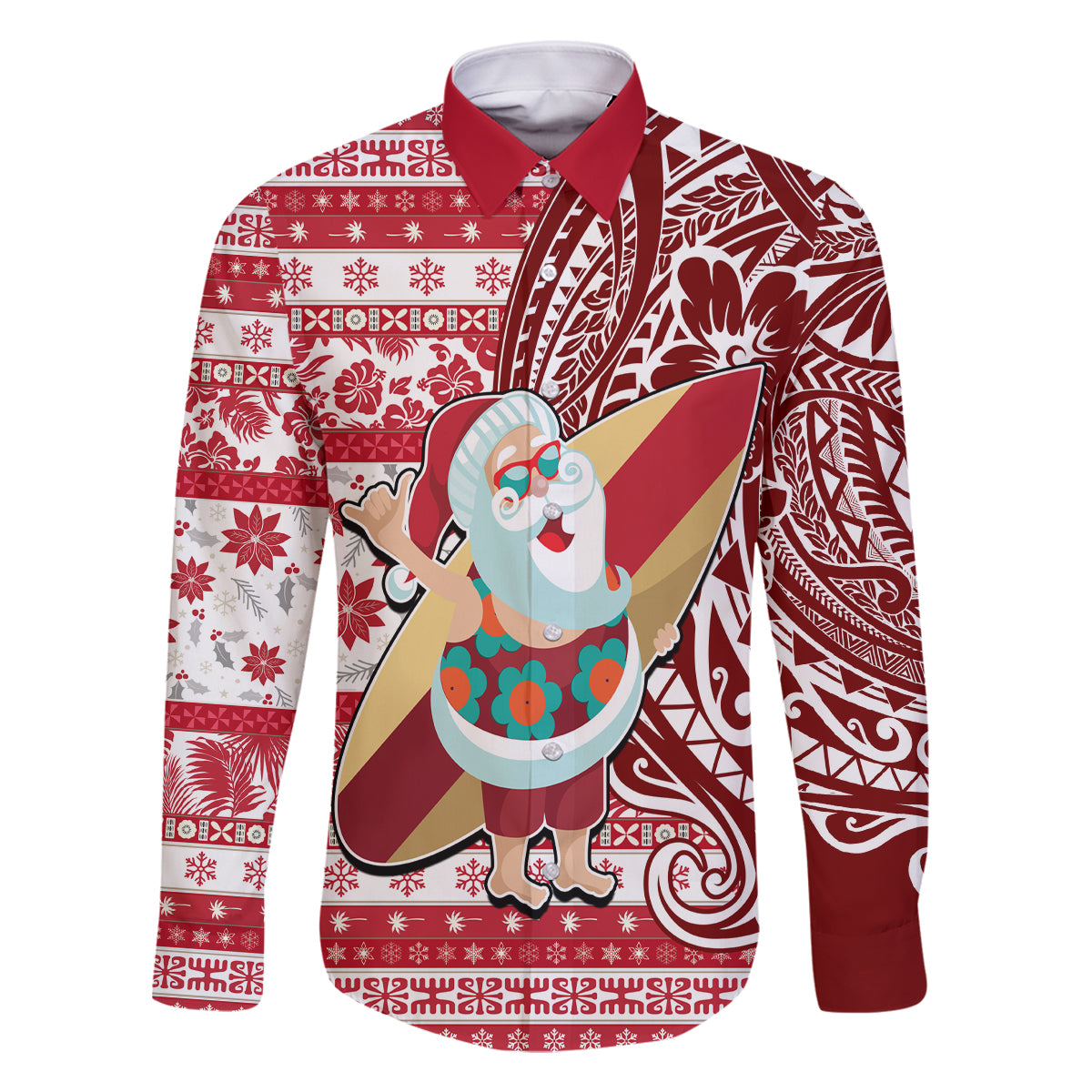 Hawaii Mele Kalikimaka Family Matching Off Shoulder Long Sleeve Dress and Hawaiian Shirt Santa Claus Surfing with Hawaiian Pattern Striped Red Style LT03 Dad's Shirt - Long Sleeve Red - Polynesian Pride