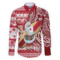 Hawaii Mele Kalikimaka Family Matching Off Shoulder Long Sleeve Dress and Hawaiian Shirt Santa Claus Surfing with Hawaiian Pattern Striped Red Style LT03 Dad's Shirt - Long Sleeve Red - Polynesian Pride
