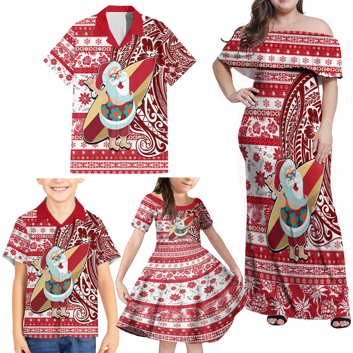 Hawaii Mele Kalikimaka Family Matching Off Shoulder Maxi Dress and Hawaiian Shirt Santa Claus Surfing with Hawaiian Pattern Striped Red Style LT03 - Polynesian Pride