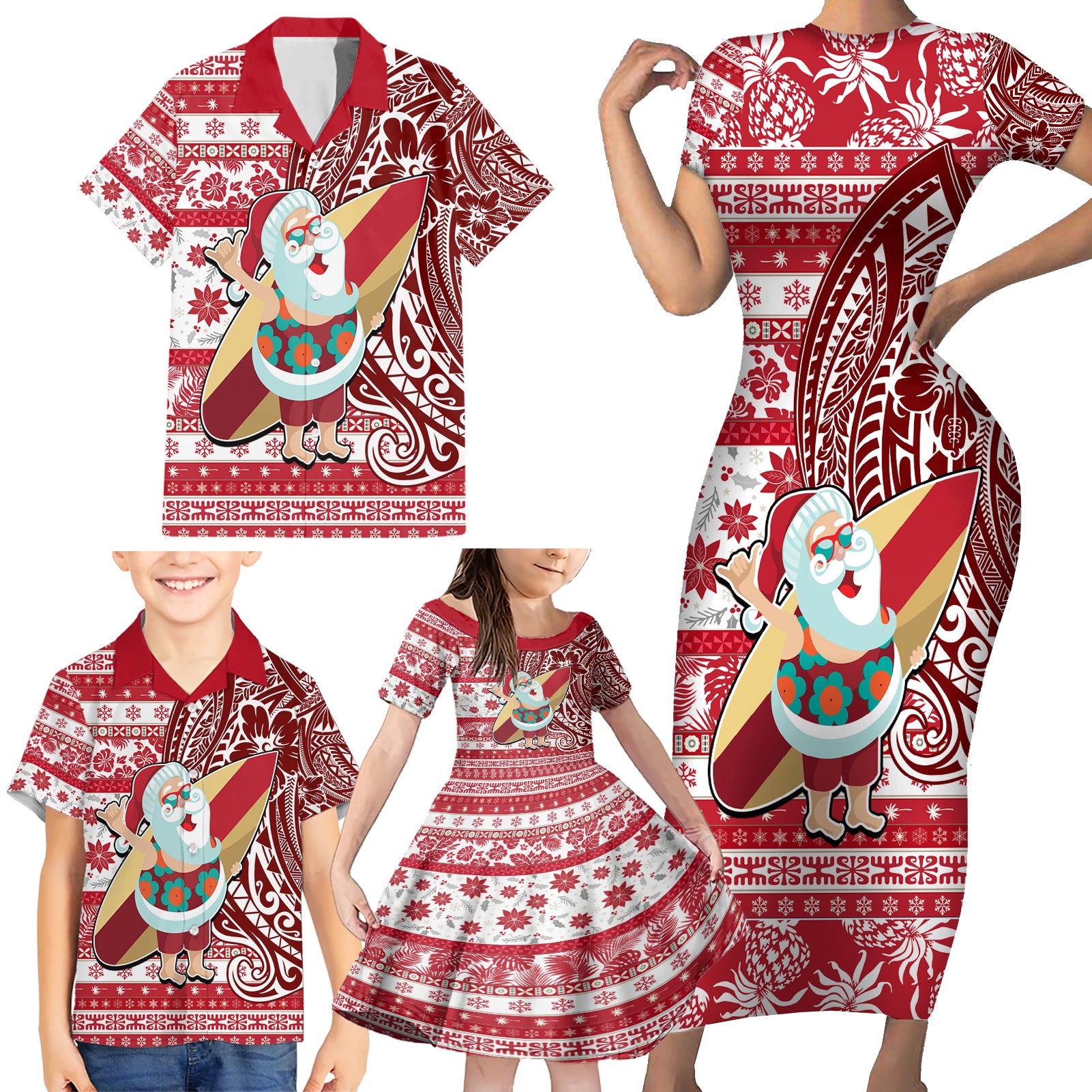 Hawaii Mele Kalikimaka Family Matching Short Sleeve Bodycon Dress and Hawaiian Shirt Santa Claus Surfing with Hawaiian Pattern Striped Red Style LT03 - Polynesian Pride