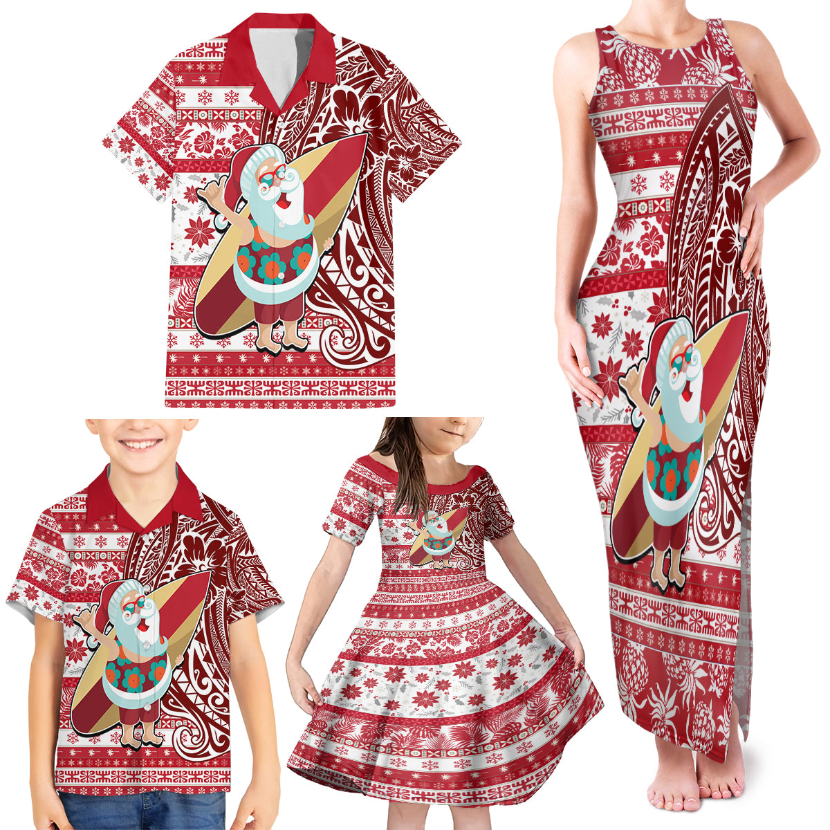 Hawaii Mele Kalikimaka Family Matching Tank Maxi Dress and Hawaiian Shirt Santa Claus Surfing with Hawaiian Pattern Striped Red Style LT03 - Polynesian Pride