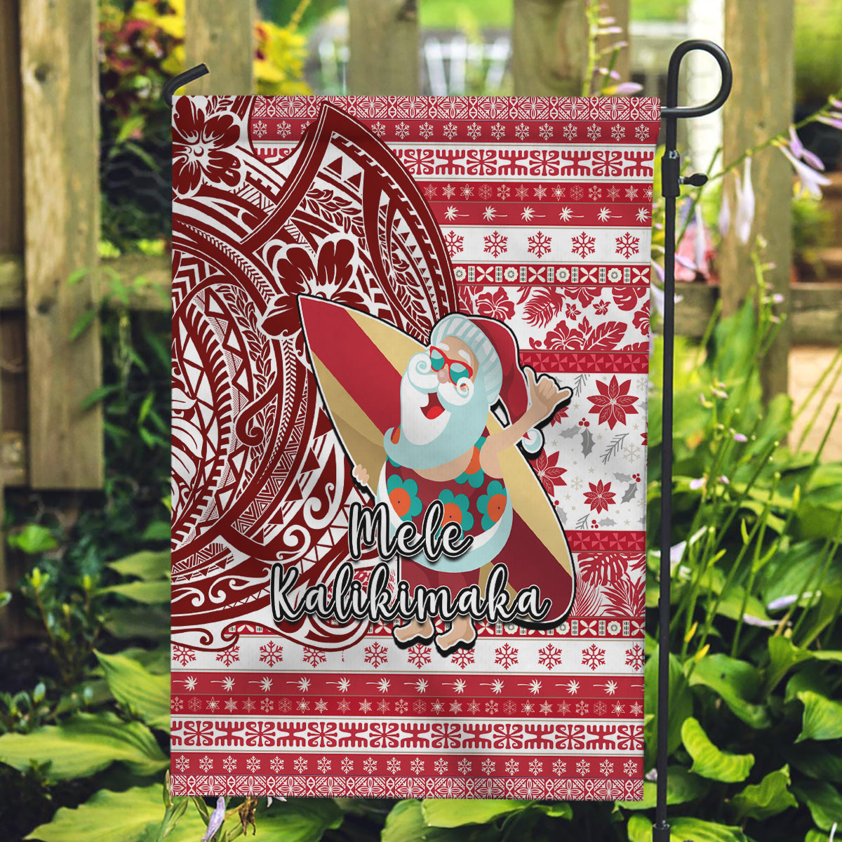 Hawaii Mele Kalikimaka Garden Flag Santa Claus Surfing with Hawaiian Pattern Striped Red Style LT03 Garden Flag Red - Polynesian Pride