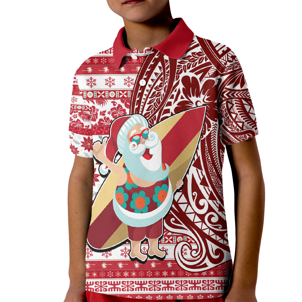 Hawaii Mele Kalikimaka Kid Polo Shirt Santa Claus Surfing with Hawaiian Pattern Striped Red Style LT03 Kid Red - Polynesian Pride