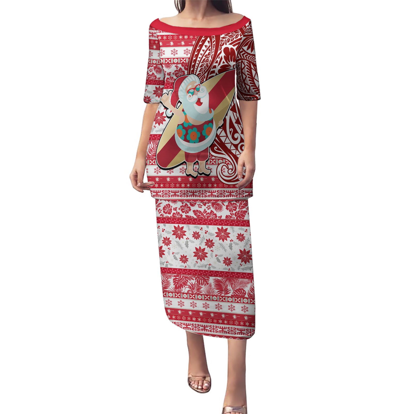 Hawaii Mele Kalikimaka Puletasi Santa Claus Surfing with Hawaiian Pattern Striped Red Style LT03 Long Dress Red - Polynesian Pride