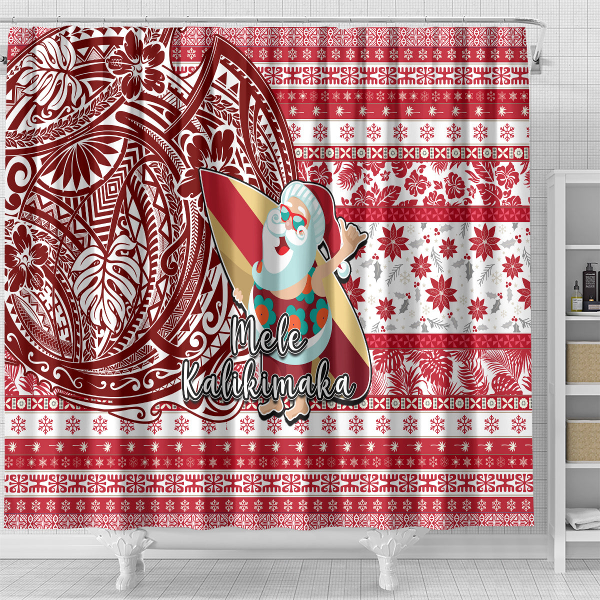 Hawaii Mele Kalikimaka Shower Curtain Santa Claus Surfing with Hawaiian Pattern Striped Red Style LT03 - Polynesian Pride