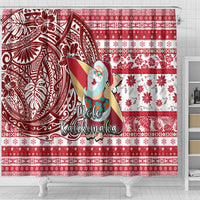 Hawaii Mele Kalikimaka Shower Curtain Santa Claus Surfing with Hawaiian Pattern Striped Red Style LT03 - Polynesian Pride