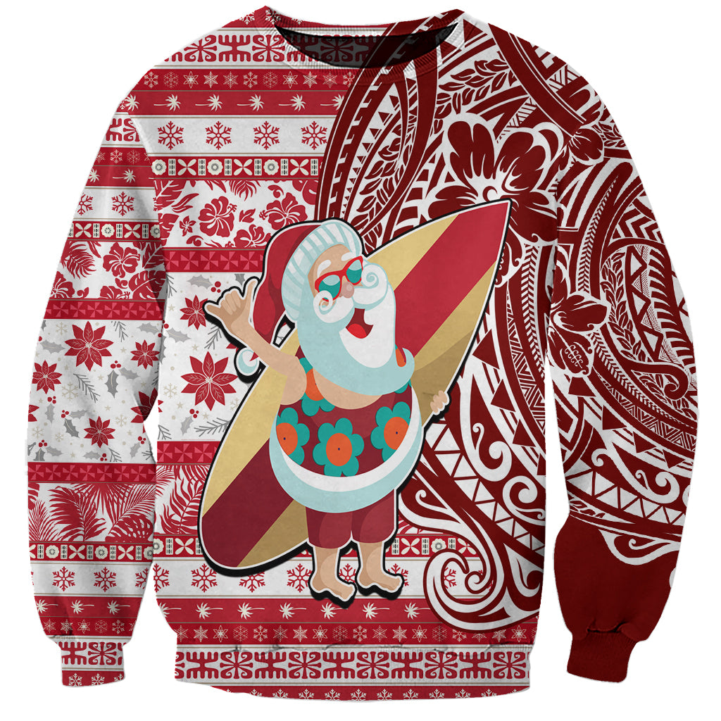 Hawaii Mele Kalikimaka Sweatshirt Santa Claus Surfing with Hawaiian Pattern Striped Red Style LT03 Unisex Red - Polynesian Pride