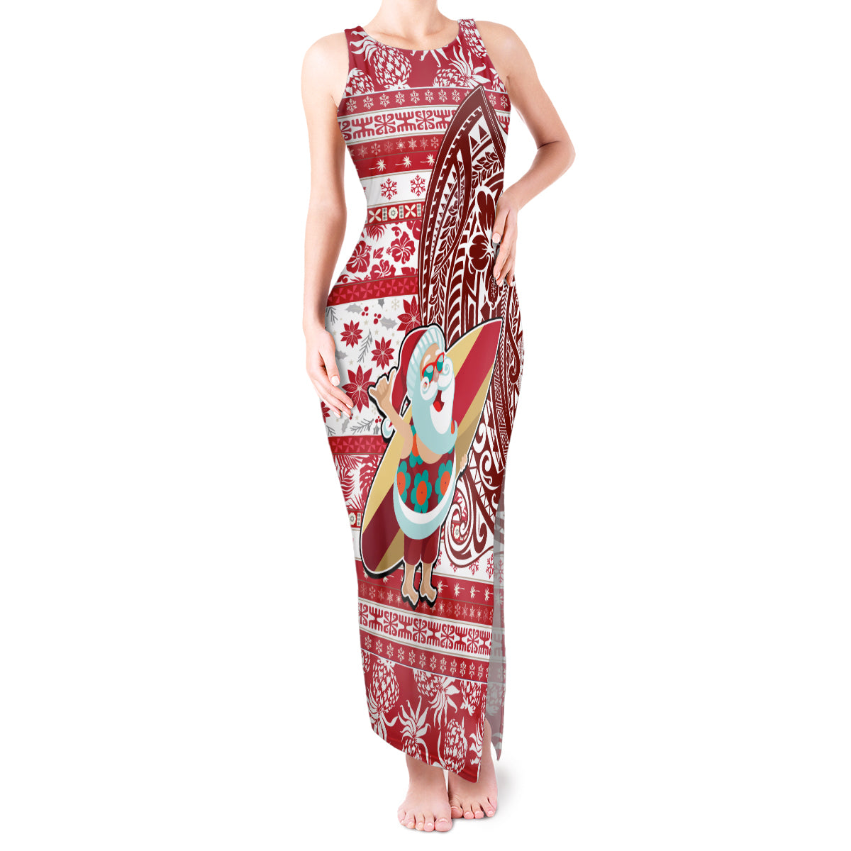 Hawaii Mele Kalikimaka Tank Maxi Dress Santa Claus Surfing with Hawaiian Pattern Striped Red Style LT03 Women Red - Polynesian Pride