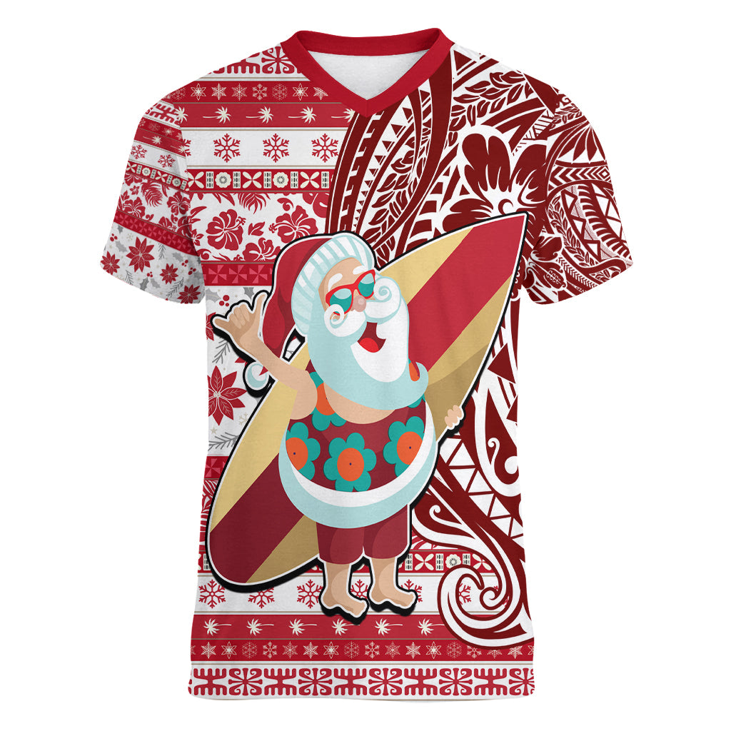 Hawaii Mele Kalikimaka Women V Neck T Shirt Santa Claus Surfing with Hawaiian Pattern Striped Red Style LT03 Female Red - Polynesian Pride