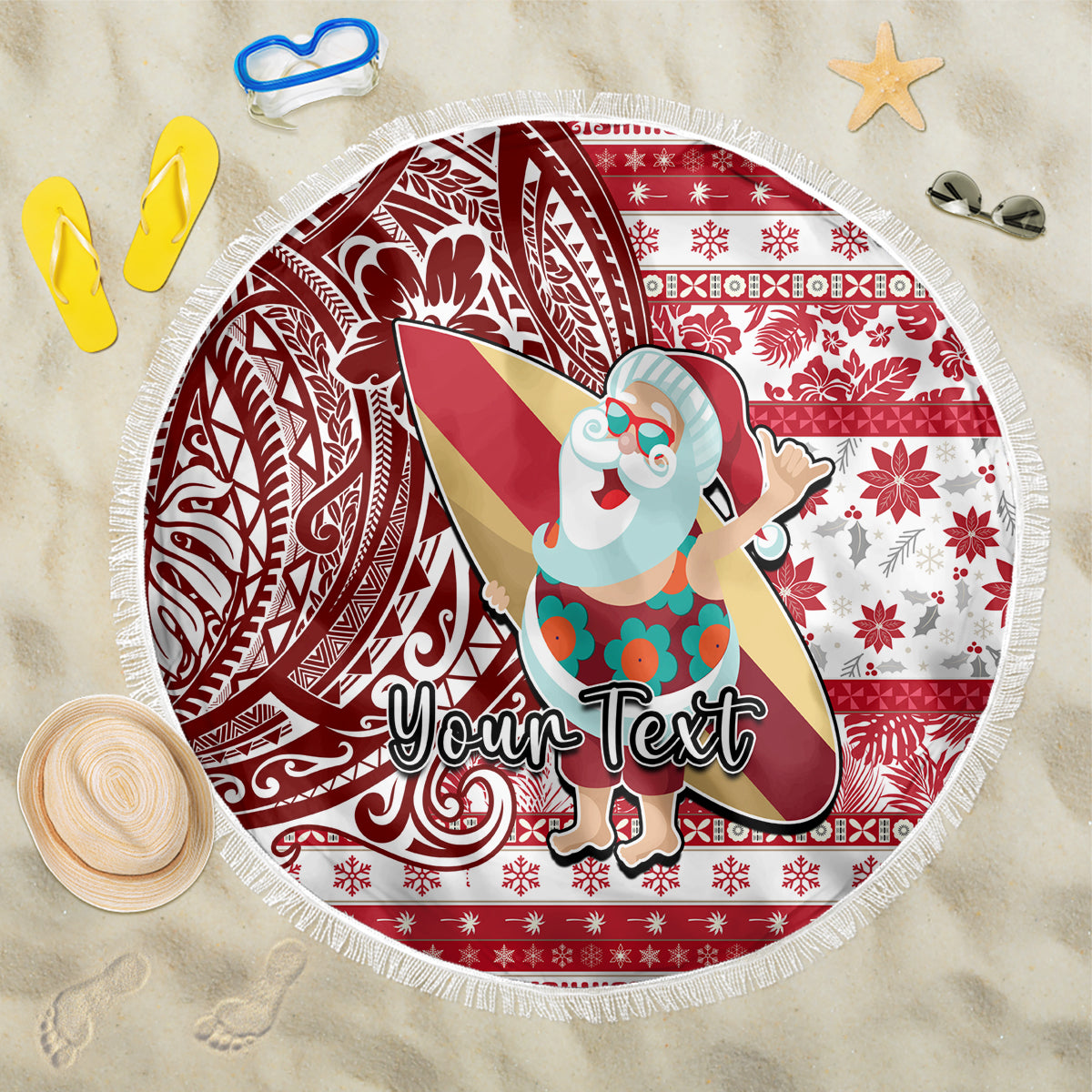 Custom Hawaii Mele Kalikimaka Beach Blanket Santa Claus Surfing with Hawaiian Pattern Striped Red Style LT03 One Size 150cm Red - Polynesian Pride