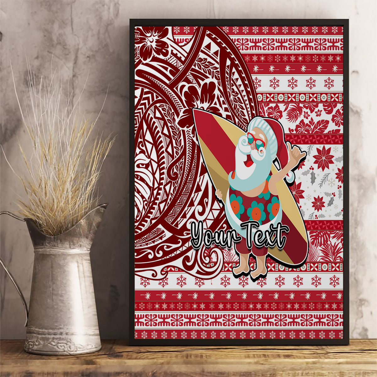 Custom Hawaii Mele Kalikimaka Canvas Wall Art Santa Claus Surfing with Hawaiian Pattern Striped Red Style LT03 - Polynesian Pride