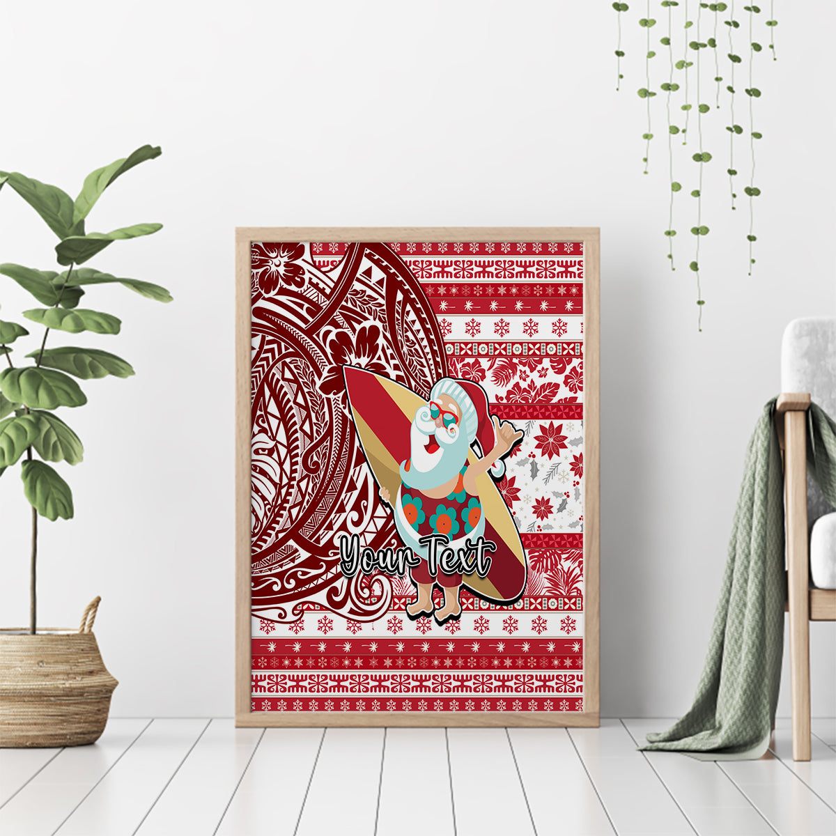 Custom Hawaii Mele Kalikimaka Canvas Wall Art Santa Claus Surfing with Hawaiian Pattern Striped Red Style LT03 - Polynesian Pride