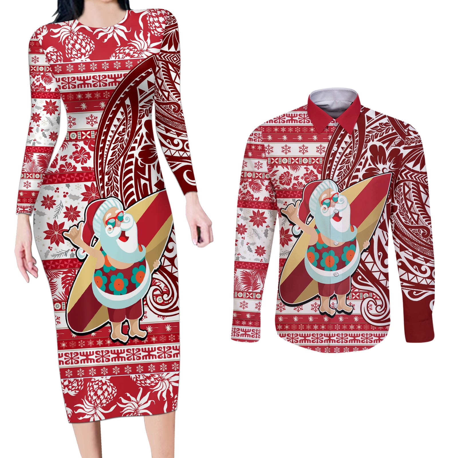 Custom Hawaii Mele Kalikimaka Couples Matching Long Sleeve Bodycon Dress and Long Sleeve Button Shirt Santa Claus Surfing with Hawaiian Pattern Striped Red Style LT03 Red - Polynesian Pride