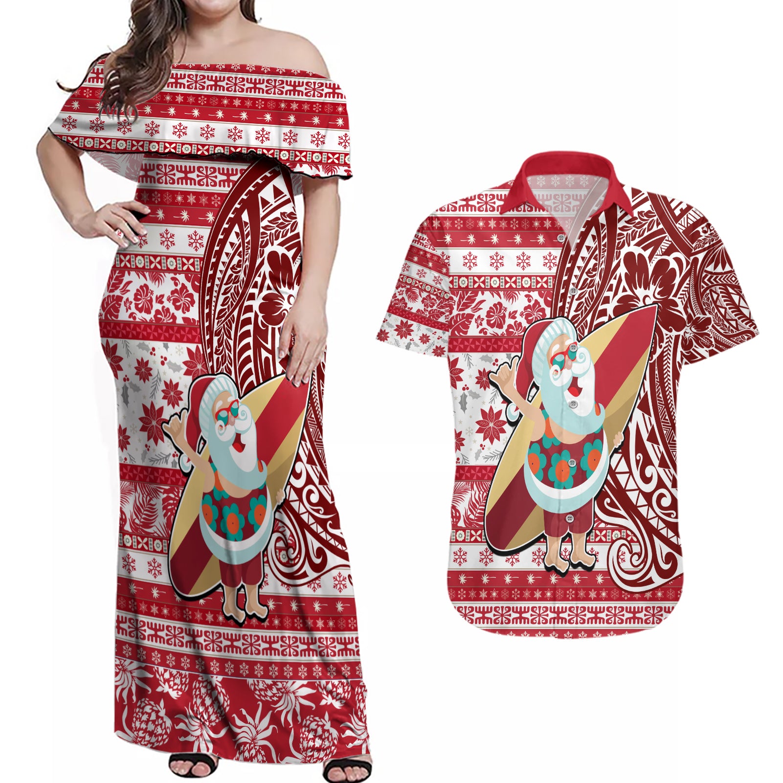 Custom Hawaii Mele Kalikimaka Couples Matching Off Shoulder Maxi Dress and Hawaiian Shirt Santa Claus Surfing with Hawaiian Pattern Striped Red Style LT03 Red - Polynesian Pride