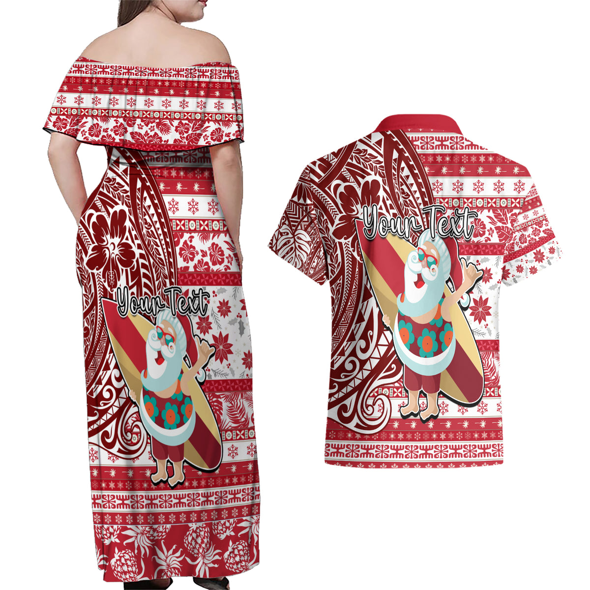 Custom Hawaii Mele Kalikimaka Couples Matching Off Shoulder Maxi Dress and Hawaiian Shirt Santa Claus Surfing with Hawaiian Pattern Striped Red Style LT03 - Polynesian Pride