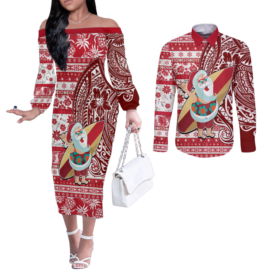 Custom Hawaii Mele Kalikimaka Couples Matching Off The Shoulder Long Sleeve Dress and Long Sleeve Button Shirt Santa Claus Surfing with Hawaiian Pattern Striped Red Style LT03 Red - Polynesian Pride