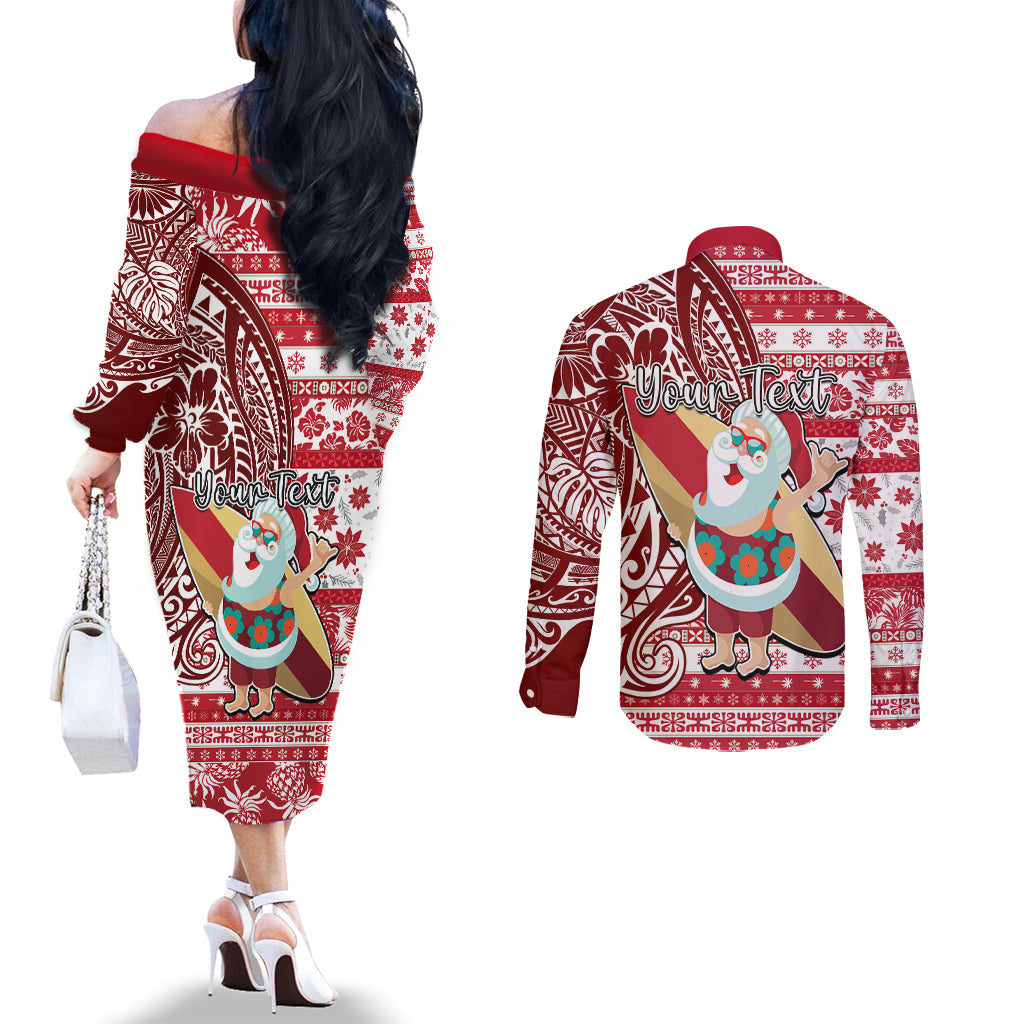 Custom Hawaii Mele Kalikimaka Couples Matching Off The Shoulder Long Sleeve Dress and Long Sleeve Button Shirt Santa Claus Surfing with Hawaiian Pattern Striped Red Style LT03 - Polynesian Pride