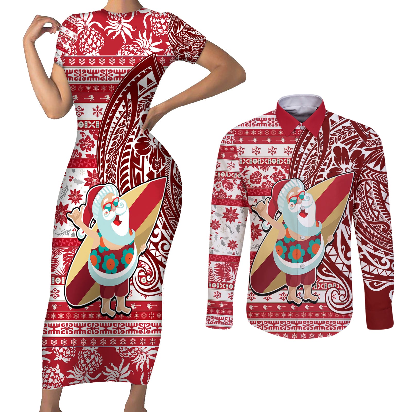 Custom Hawaii Mele Kalikimaka Couples Matching Short Sleeve Bodycon Dress and Long Sleeve Button Shirt Santa Claus Surfing with Hawaiian Pattern Striped Red Style LT03 Red - Polynesian Pride