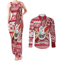 Custom Hawaii Mele Kalikimaka Couples Matching Tank Maxi Dress and Long Sleeve Button Shirt Santa Claus Surfing with Hawaiian Pattern Striped Red Style LT03 Red - Polynesian Pride