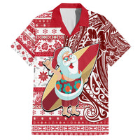 Custom Hawaii Mele Kalikimaka Family Matching Long Sleeve Bodycon Dress and Hawaiian Shirt Santa Claus Surfing with Hawaiian Pattern Striped Red Style LT03 Dad's Shirt - Short Sleeve Red - Polynesian Pride