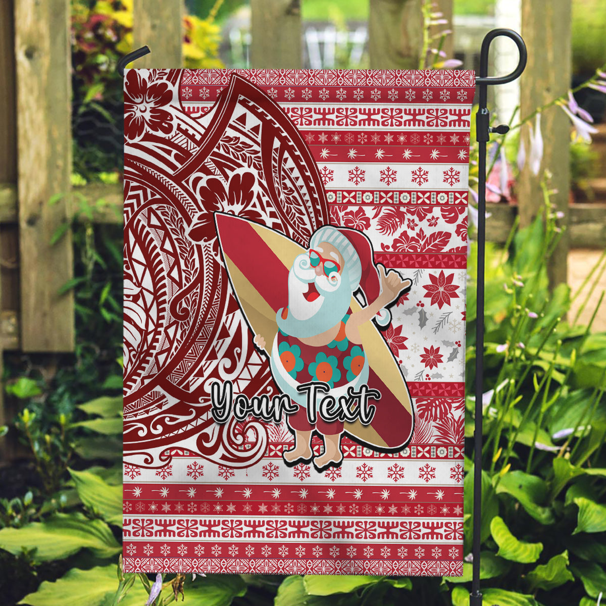 Custom Hawaii Mele Kalikimaka Garden Flag Santa Claus Surfing with Hawaiian Pattern Striped Red Style LT03 Garden Flag Red - Polynesian Pride