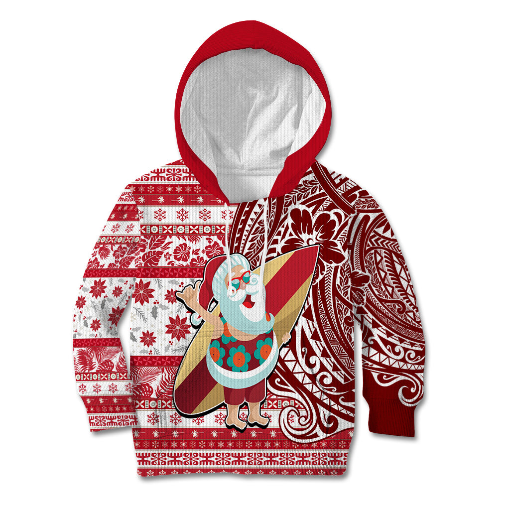 Custom Hawaii Mele Kalikimaka Kid Hoodie Santa Claus Surfing with Hawaiian Pattern Striped Red Style LT03 Red - Polynesian Pride