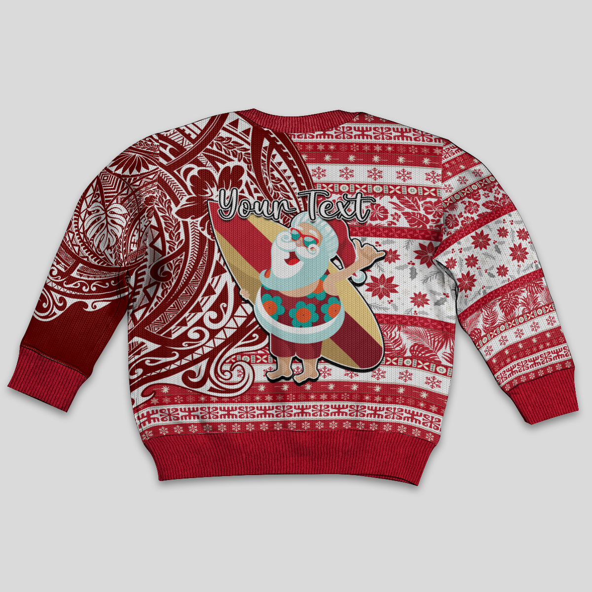 Custom Hawaii Mele Kalikimaka Kid Ugly Christmas Sweater Santa Claus Surfing with Hawaiian Pattern Striped Red Style LT03 - Polynesian Pride