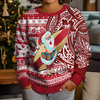 Custom Hawaii Mele Kalikimaka Kid Ugly Christmas Sweater Santa Claus Surfing with Hawaiian Pattern Striped Red Style LT03 - Polynesian Pride