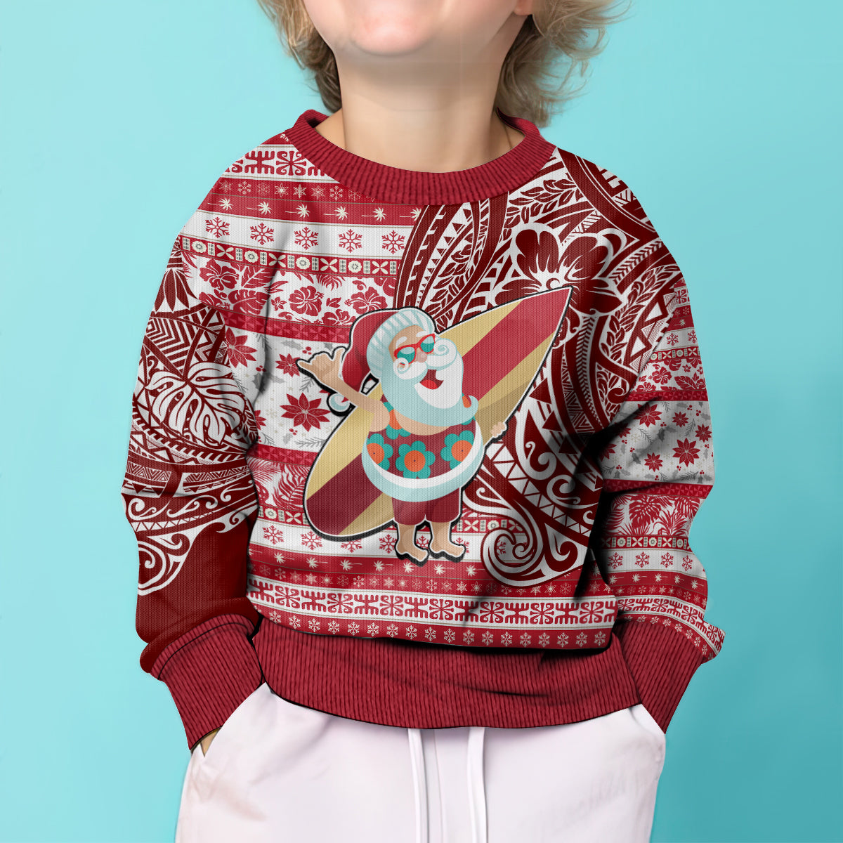 Custom Hawaii Mele Kalikimaka Kid Ugly Christmas Sweater Santa Claus Surfing with Hawaiian Pattern Striped Red Style LT03 - Polynesian Pride
