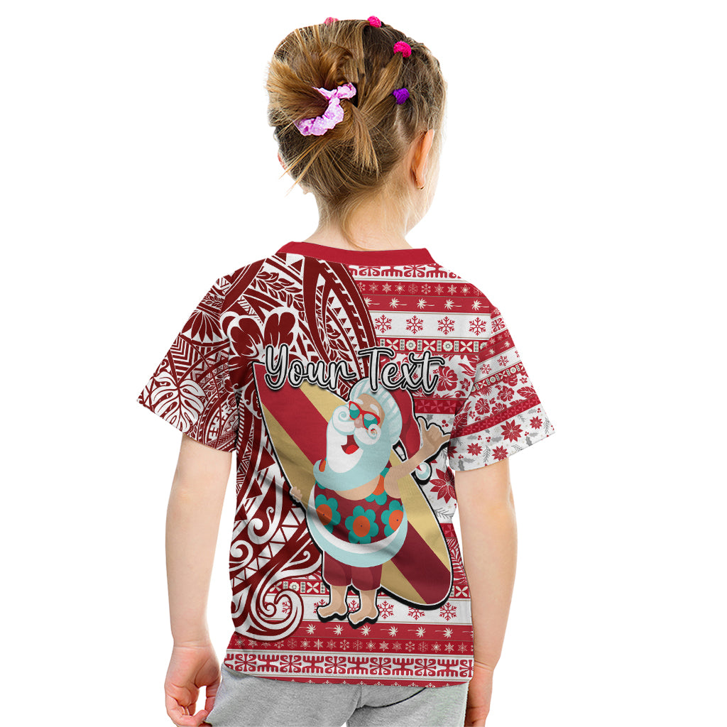 Custom Hawaii Mele Kalikimaka Kid T Shirt Santa Claus Surfing with Hawaiian Pattern Striped Red Style LT03 - Polynesian Pride