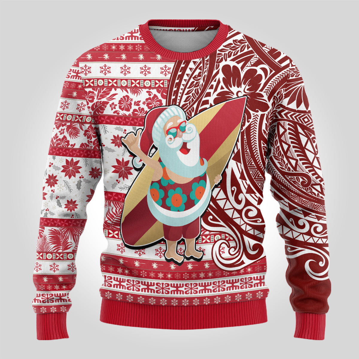 Custom Hawaii Mele Kalikimaka Ugly Christmas Sweater Santa Claus Surfing with Hawaiian Pattern Striped Red Style LT03 - Polynesian Pride