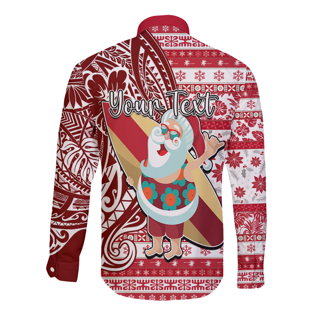 Custom Hawaii Mele Kalikimaka Long Sleeve Button Shirt Santa Claus Surfing with Hawaiian Pattern Striped Red Style LT03 - Polynesian Pride