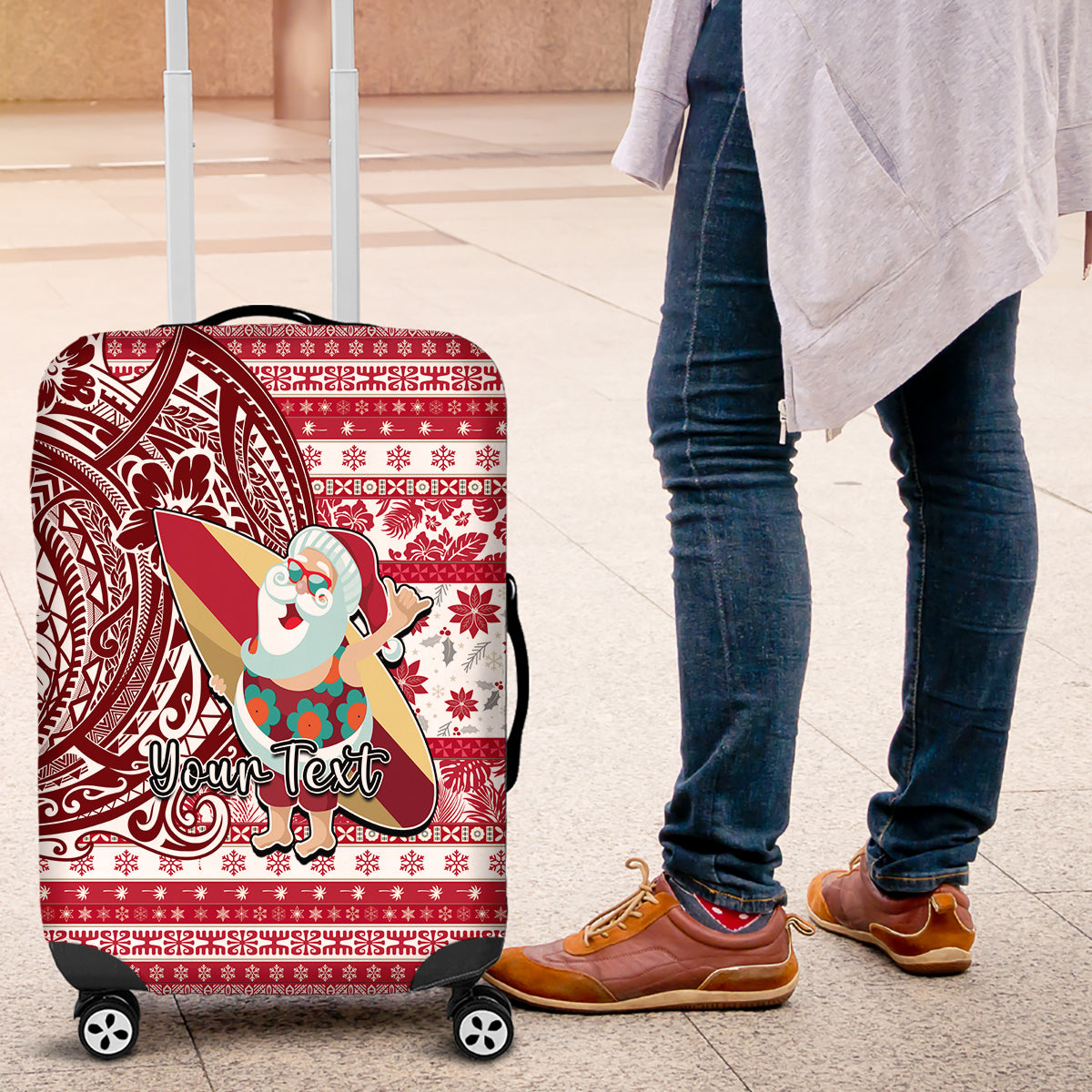 Custom Hawaii Mele Kalikimaka Luggage Cover Santa Claus Surfing with Hawaiian Pattern Striped Red Style LT03 Red - Polynesian Pride