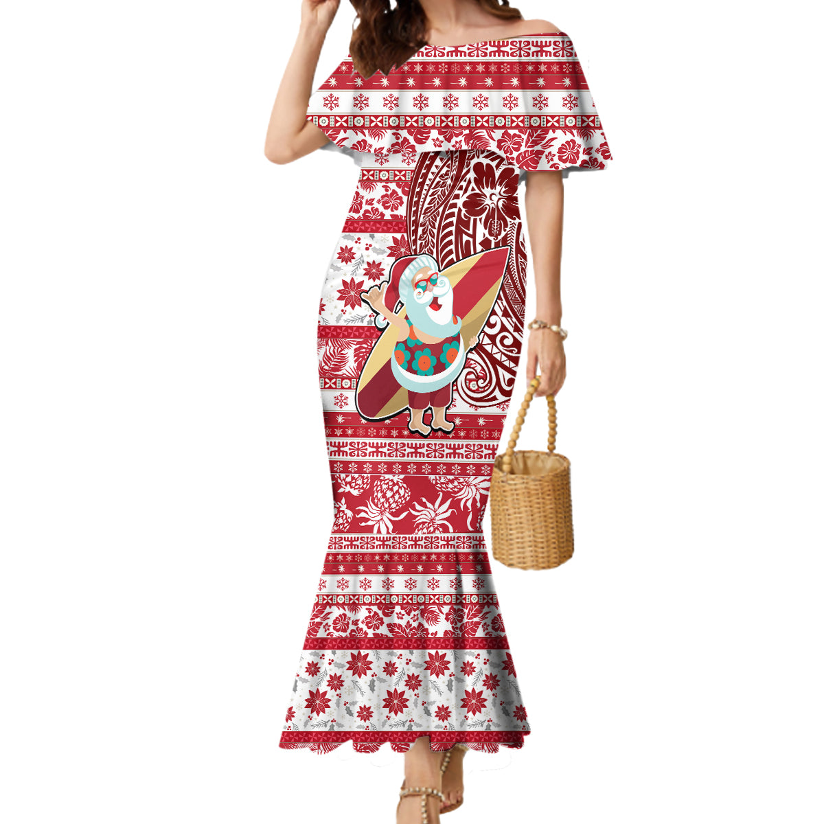 Custom Hawaii Mele Kalikimaka Mermaid Dress Santa Claus Surfing with Hawaiian Pattern Striped Red Style LT03 Women Red - Polynesian Pride