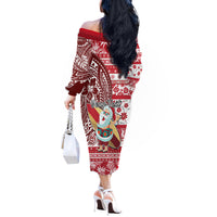 Custom Hawaii Mele Kalikimaka Off The Shoulder Long Sleeve Dress Santa Claus Surfing with Hawaiian Pattern Striped Red Style LT03 - Polynesian Pride