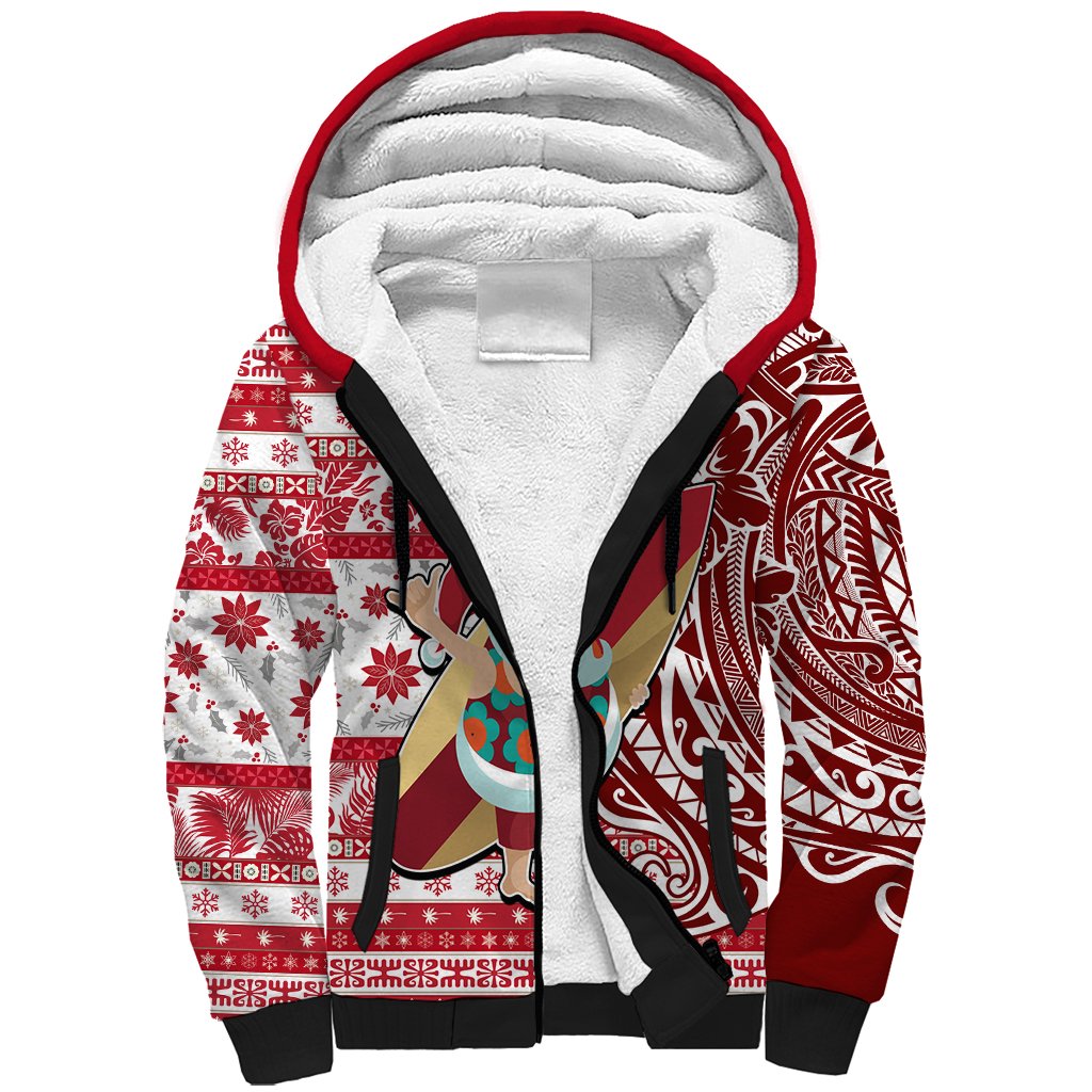 Custom Hawaii Mele Kalikimaka Sherpa Hoodie Santa Claus Surfing with Hawaiian Pattern Striped Red Style LT03 Unisex Red - Polynesian Pride