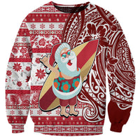 Custom Hawaii Mele Kalikimaka Sweatshirt Santa Claus Surfing with Hawaiian Pattern Striped Red Style LT03 Unisex Red - Polynesian Pride