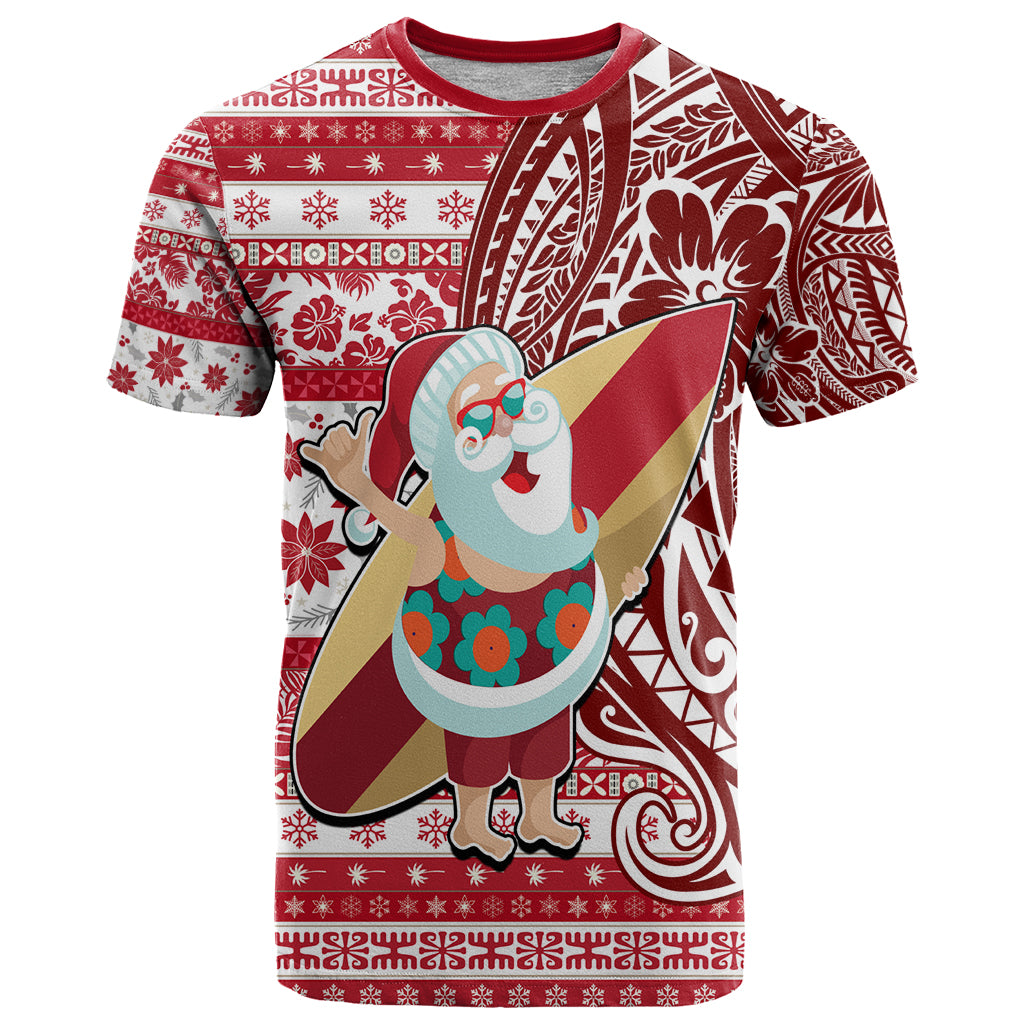 Custom Hawaii Mele Kalikimaka T Shirt Santa Claus Surfing with Hawaiian Pattern Striped Red Style LT03 Red - Polynesian Pride