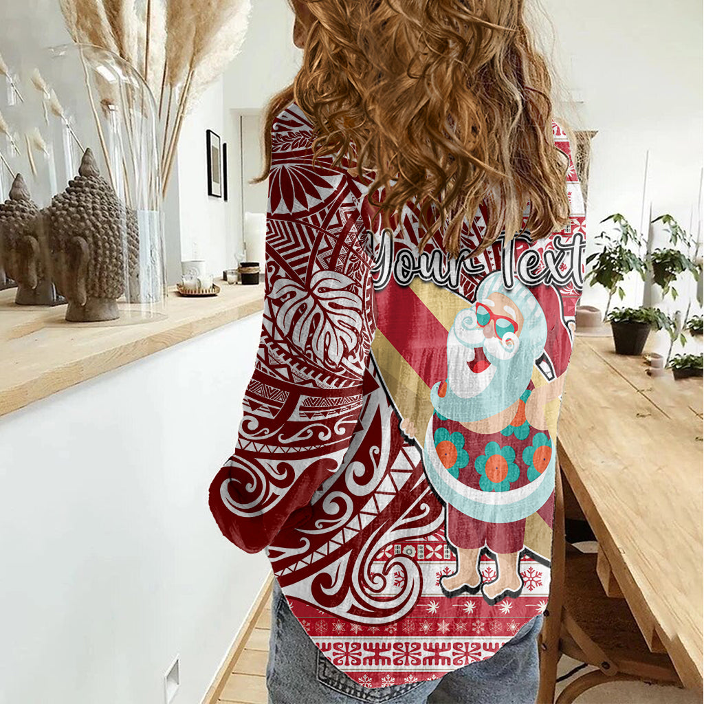 Custom Hawaii Mele Kalikimaka Women Casual Shirt Santa Claus Surfing with Hawaiian Pattern Striped Red Style LT03 - Polynesian Pride
