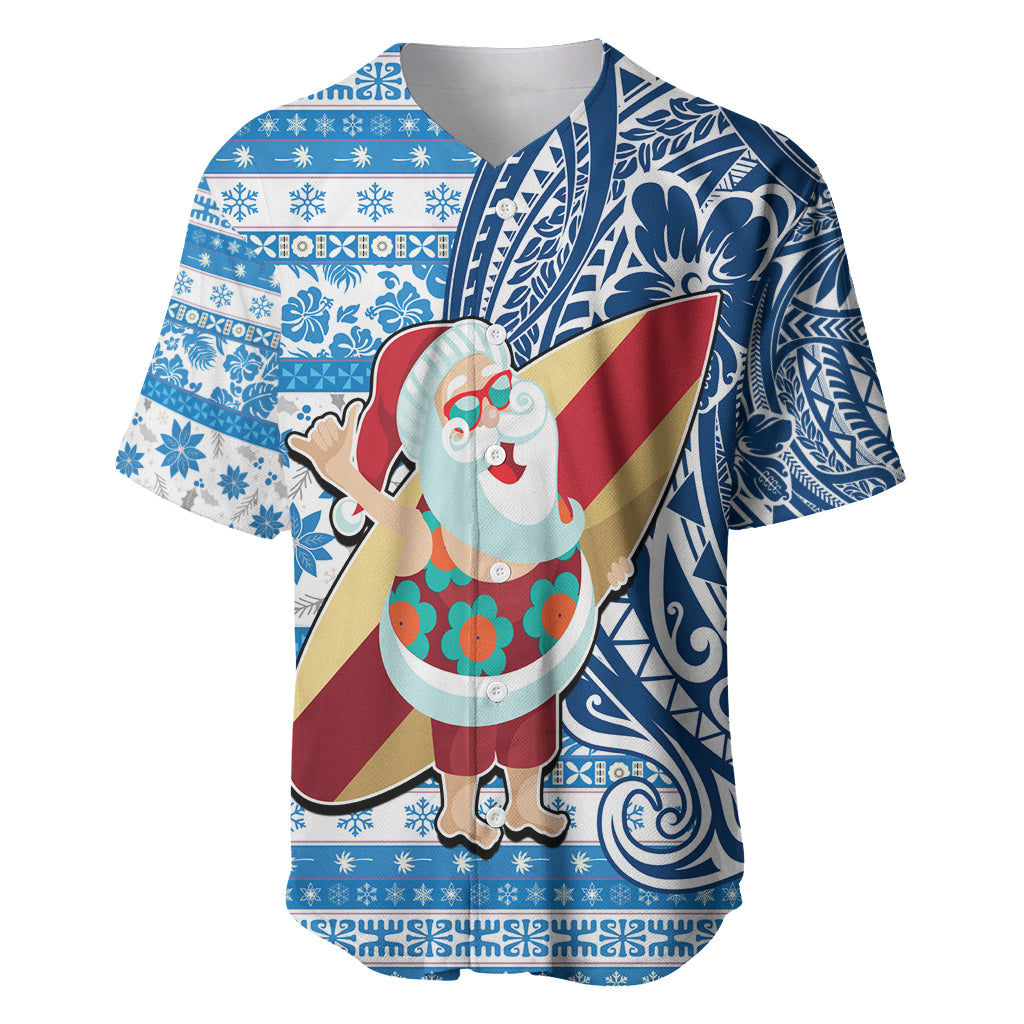 Hawaii Mele Kalikimaka Baseball Jersey Santa Claus Surfing with Hawaiian Pattern Striped Blue Style LT03 Blue - Polynesian Pride