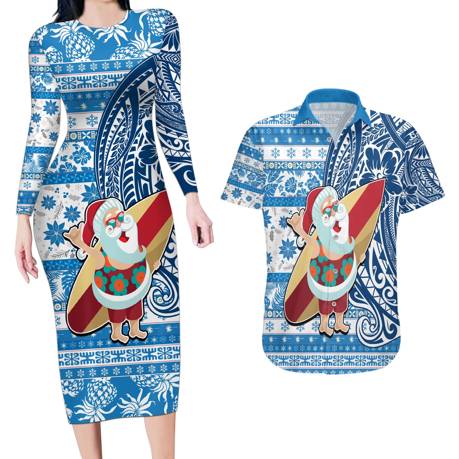 Hawaii Mele Kalikimaka Couples Matching Long Sleeve Bodycon Dress and Hawaiian Shirt Santa Claus Surfing with Hawaiian Pattern Striped Blue Style LT03 Blue - Polynesian Pride