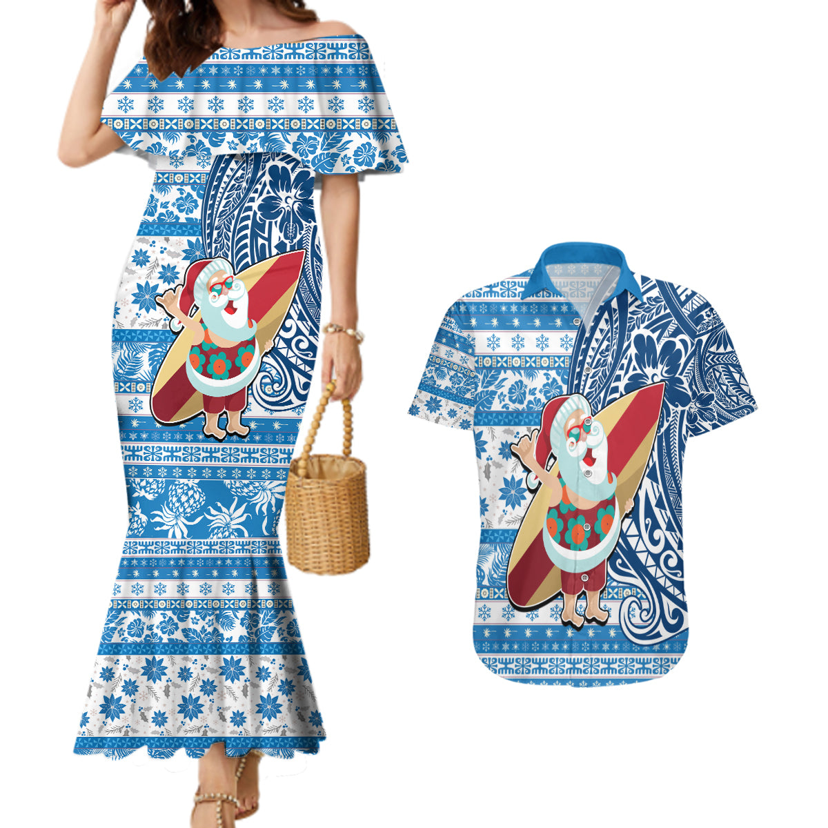 Hawaii Mele Kalikimaka Couples Matching Mermaid Dress and Hawaiian Shirt Santa Claus Surfing with Hawaiian Pattern Striped Blue Style LT03 Blue - Polynesian Pride