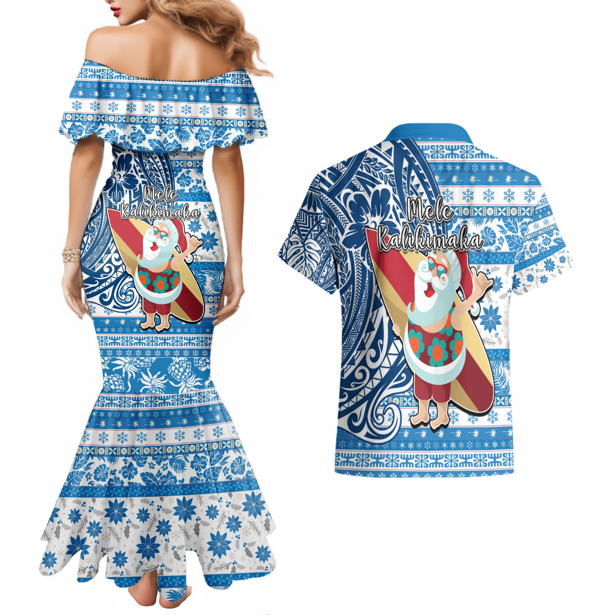 Hawaii Mele Kalikimaka Couples Matching Mermaid Dress and Hawaiian Shirt Santa Claus Surfing with Hawaiian Pattern Striped Blue Style LT03 - Polynesian Pride