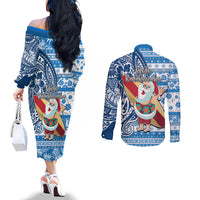 Hawaii Mele Kalikimaka Couples Matching Off The Shoulder Long Sleeve Dress and Long Sleeve Button Shirt Santa Claus Surfing with Hawaiian Pattern Striped Blue Style LT03 - Polynesian Pride