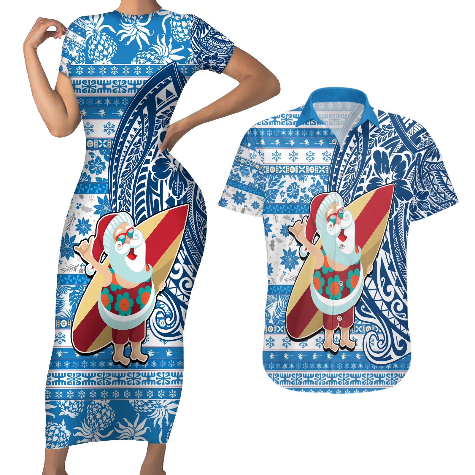 Hawaii Mele Kalikimaka Couples Matching Short Sleeve Bodycon Dress and Hawaiian Shirt Santa Claus Surfing with Hawaiian Pattern Striped Blue Style LT03 Blue - Polynesian Pride