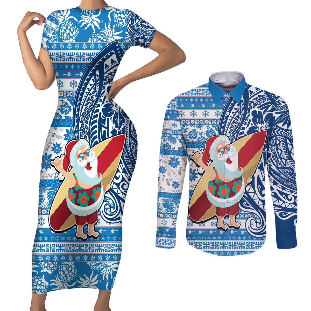 Hawaii Mele Kalikimaka Couples Matching Short Sleeve Bodycon Dress and Long Sleeve Button Shirt Santa Claus Surfing with Hawaiian Pattern Striped Blue Style LT03 Blue - Polynesian Pride