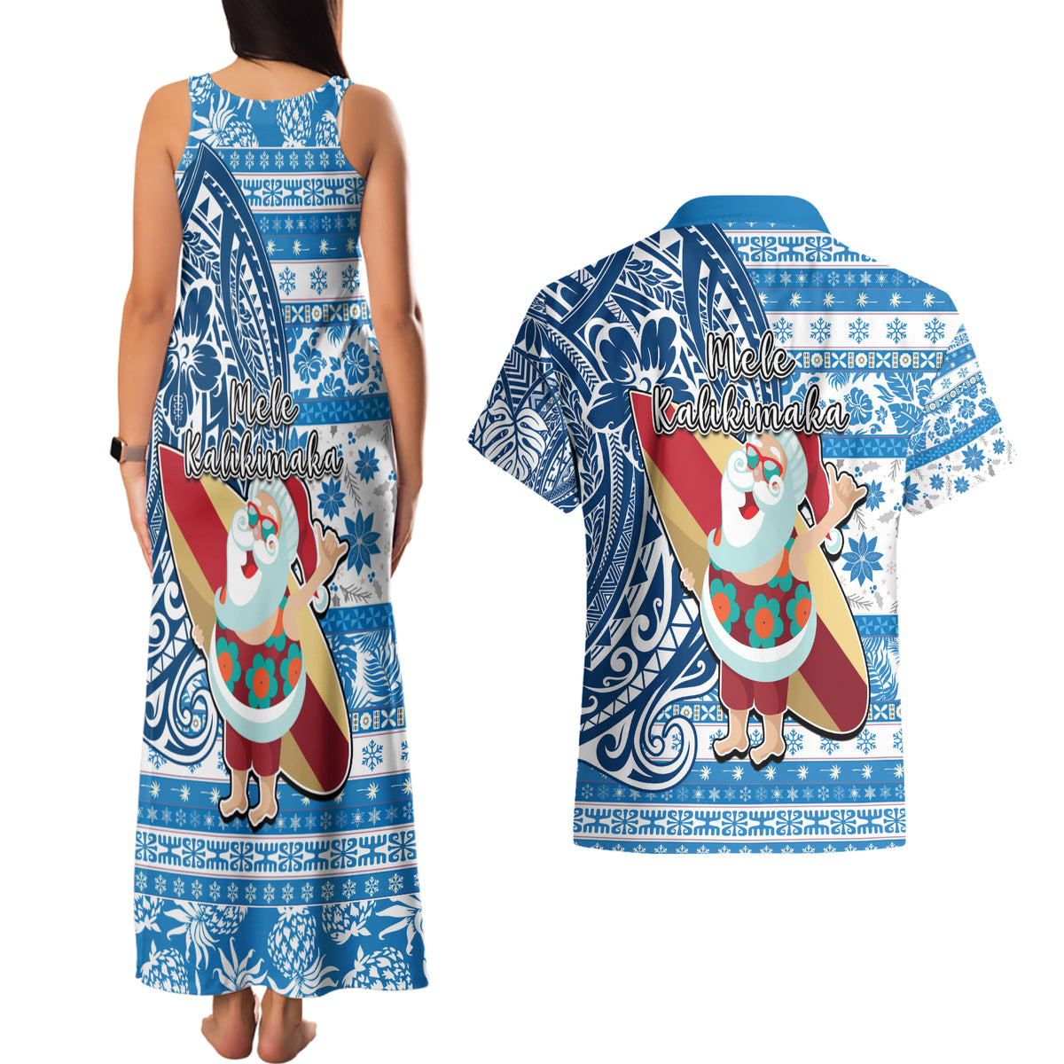 Hawaii Mele Kalikimaka Couples Matching Tank Maxi Dress and Hawaiian Shirt Santa Claus Surfing with Hawaiian Pattern Striped Blue Style LT03 - Polynesian Pride